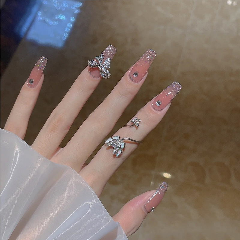 网红穿戴式美甲碎钻粉爆闪渐变蝴蝶结钻石裸色穿戴美甲新娘假指甲