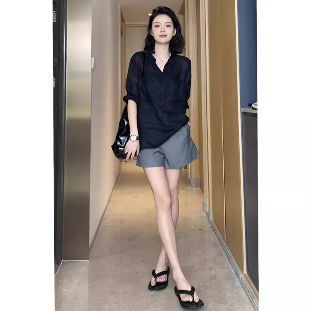 女装夏装轻奢高端女装洋气上档次黑色显瘦防晒衬衫小个子穿搭套装