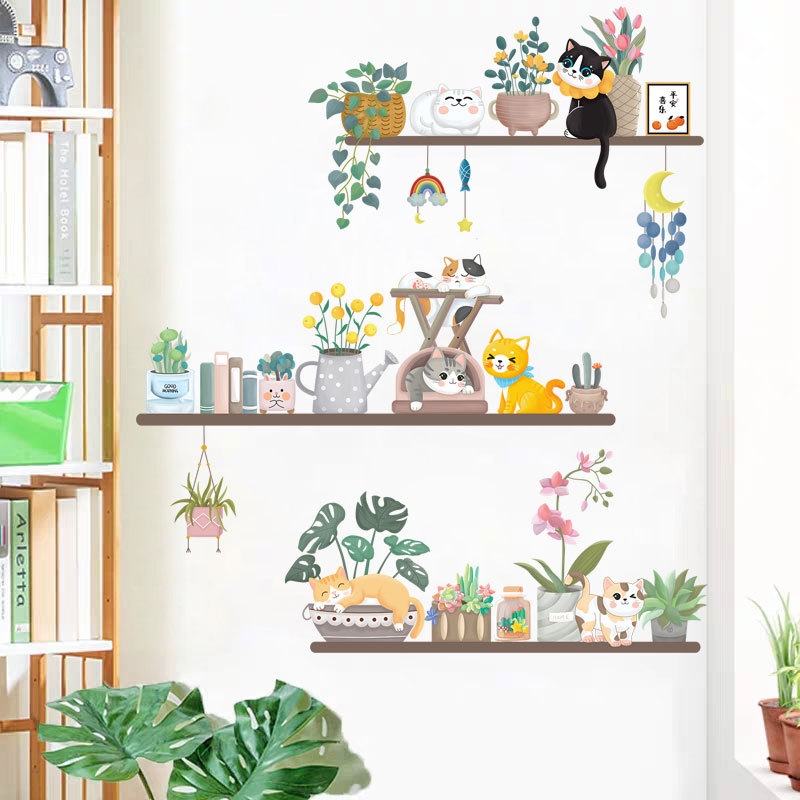 猫咪植物架墙贴背景贴画装饰自粘贴纸绿植墙壁贴纸墙贴-阿里巴巴