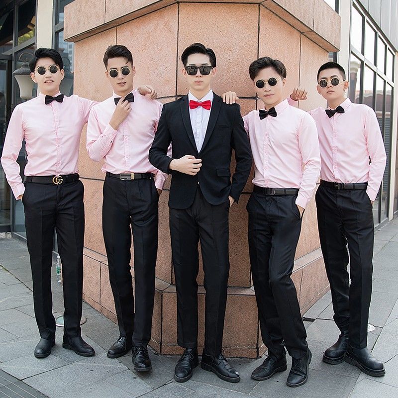 伴郎服秋季套装长袖粉色衬衫衬衣兄弟装结婚礼服男抢亲兄弟团衣服