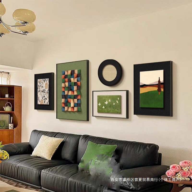 意式简约客厅组合装饰画法式复古沙发背景墙挂画中古抽象艺术壁画