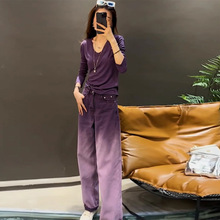 美式复古休闲运动套装女春秋时髦洋气轻奢高级感紫色牛仔裤两件套