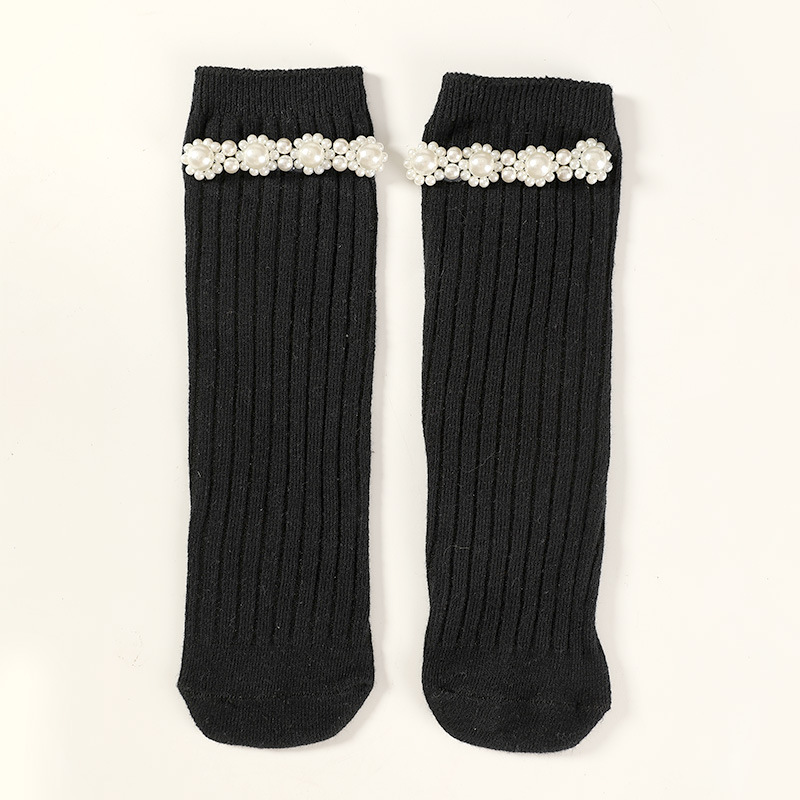 儿童袜子手工珍珠直筒袜女宝宝棉质中筒袜春秋款儿童黑白色堆堆袜