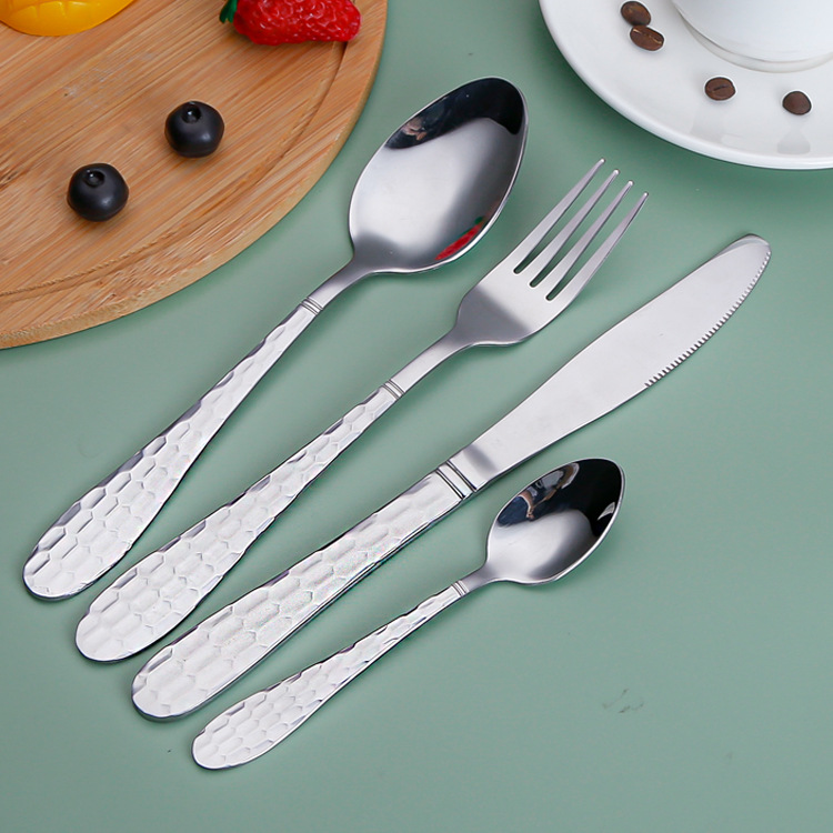 Amazon Wholesale Stainless Steel Knife, Fork and Spoon Water Cube Scale Western Tableware Four-Piece Coffee Spoon Vintage Knife and Fork