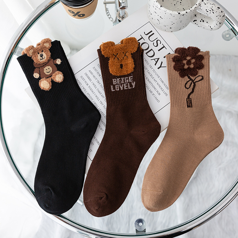 feather yarn three-dimensional bear flower socks mid-calf autumn and winter new fine-combed cotton socks cartoon tube socks trendy socks