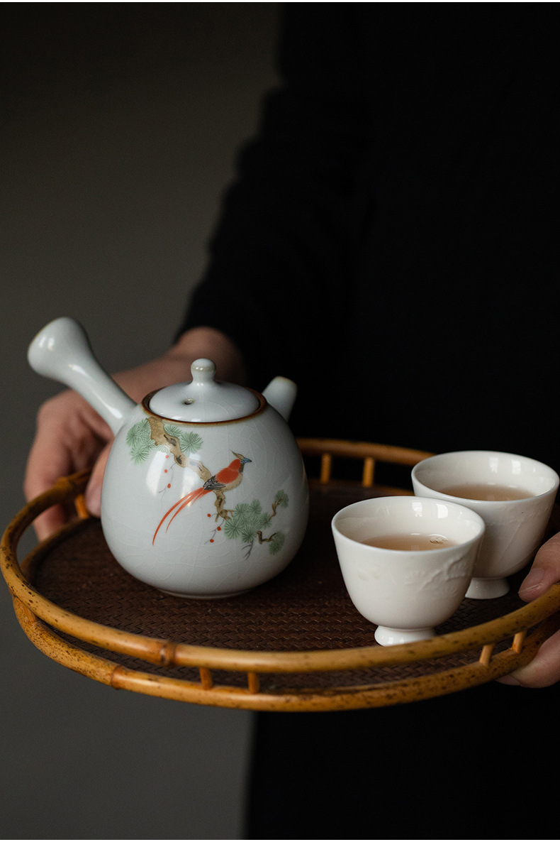 汝窑开片景德镇陶瓷侧把壶家用功夫茶具单壶复古泡茶壶手执壶猫咪