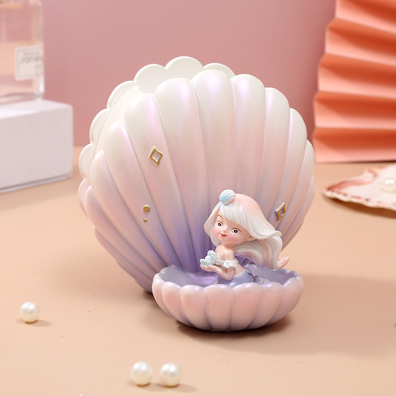 创意美人鱼贝壳摆件北欧轻奢客厅笔筒软装树脂工艺品毕业礼物批发