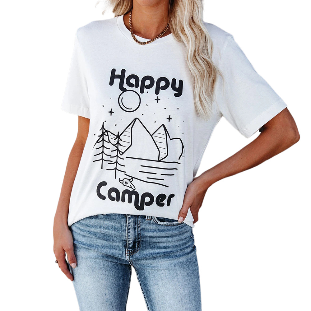 carney卡妮欧美跨境女士上衣 亚马逊happy camper字母圆领短袖t恤