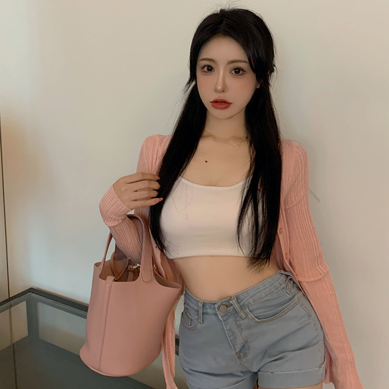 实拍针织纯欲长袖低胸开衫纽扣甜美风防晒衫针织女装性感修身显瘦