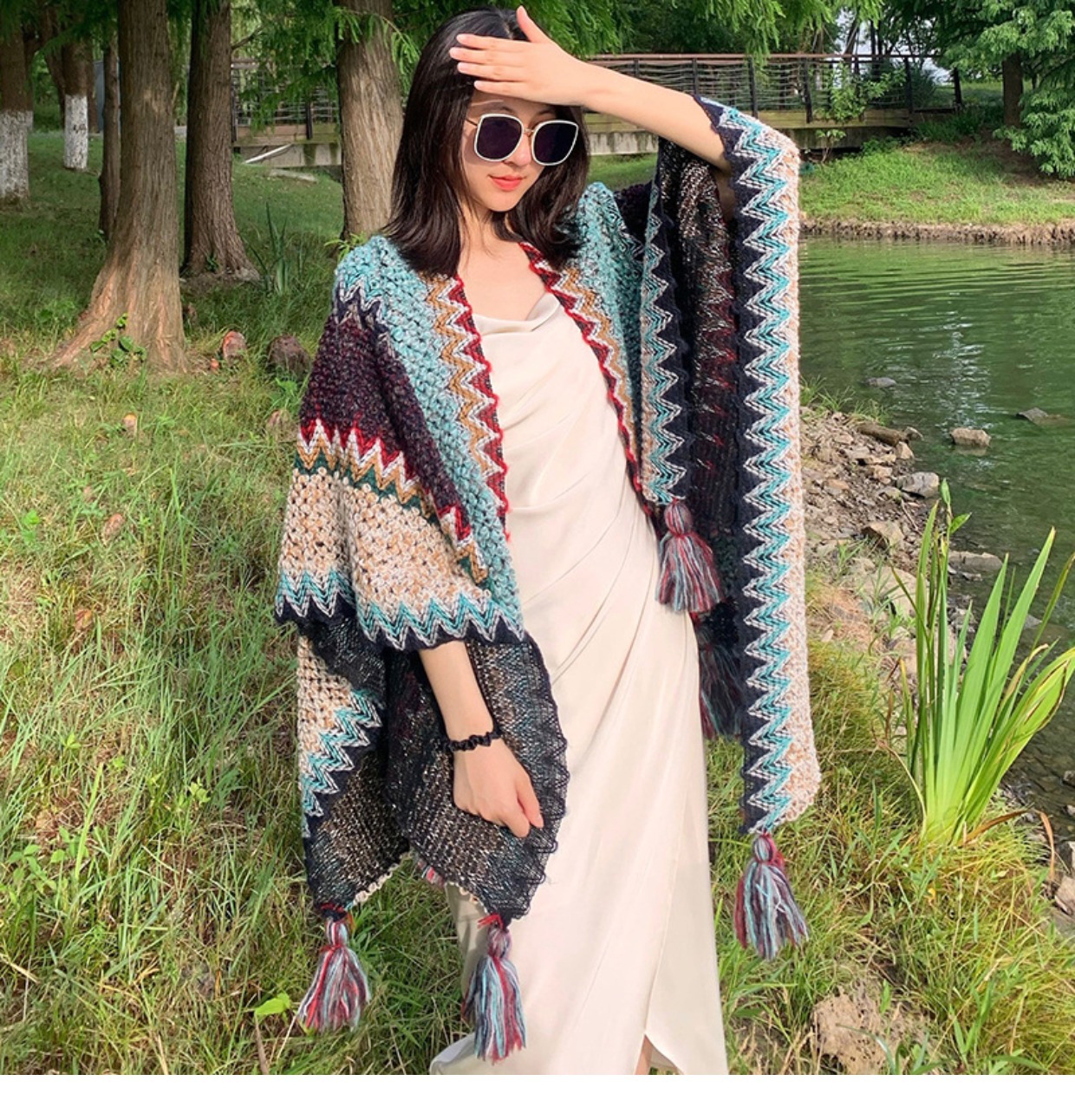 Lijiang Shawl Ethnic Style Xinjiang Tibet Travel Wear Qinghai Yunnan Outer Wear Cape Coat Cloak Scarf for Women