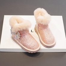 女童真毛雪地靴2023年冬季新款儿童靴子带钻雪地靴短靴雪地棉外穿