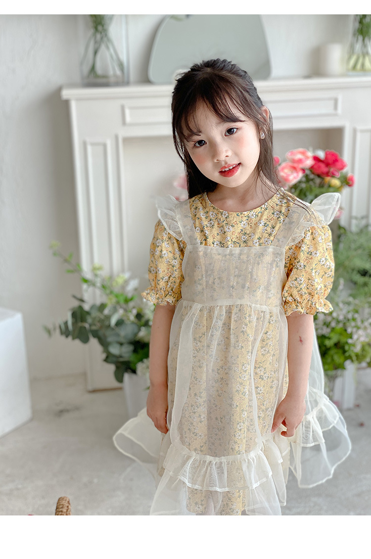 2021夏季童装新款ins风女宝森系碎花泡泡袖吊带欧根纱连衣裙套装