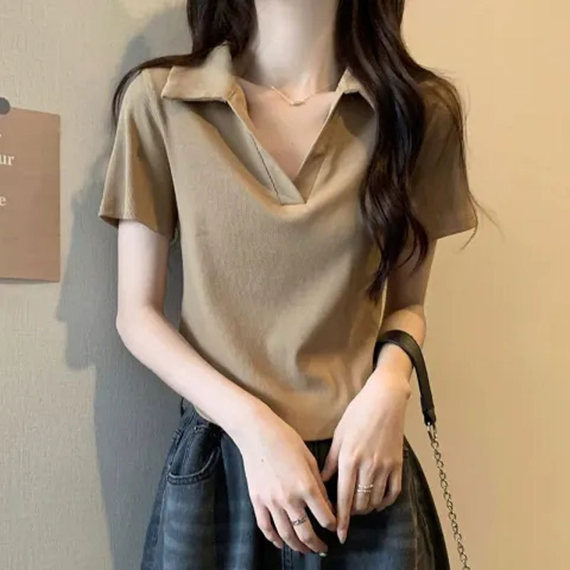 Design Thread Fabric Irregular Bottoming Shirt Women's Polo Collar Shoulder T-shirt Female Niche Slim Fit Slimming T-shirt Female