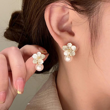 银针锆石珍珠花朵滴油耳环法式时尚轻奢气质耳钉百搭高级感耳饰女