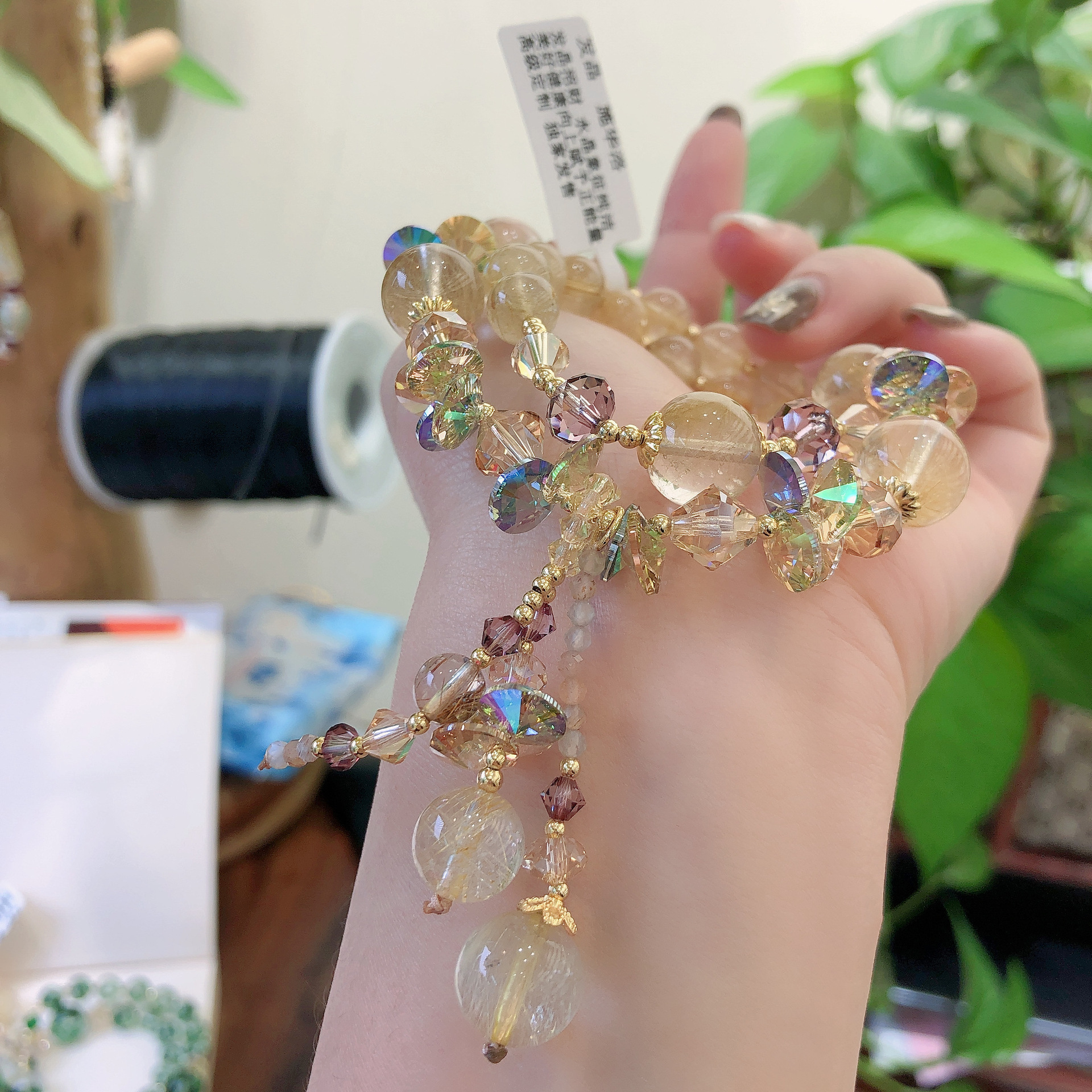 茶晶凤羽幽灵金发晶手链两圈奥地利水晶手串手工串珠饰品配饰首饰