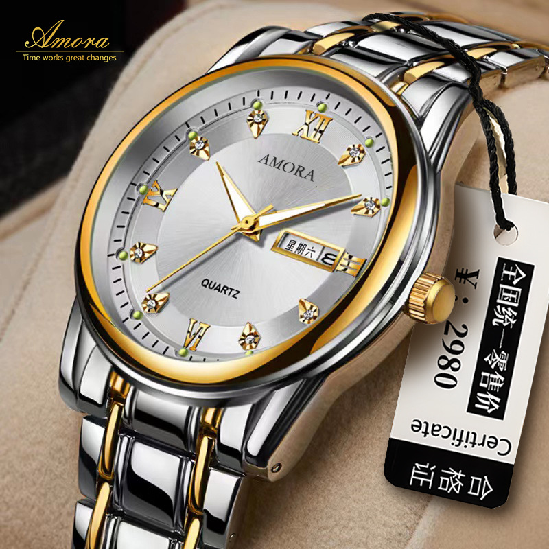 genuine goods swiss automatic non-mechanical watch watch men‘s waterproof trendy double calendar diamond-embedded fashion luminous business style