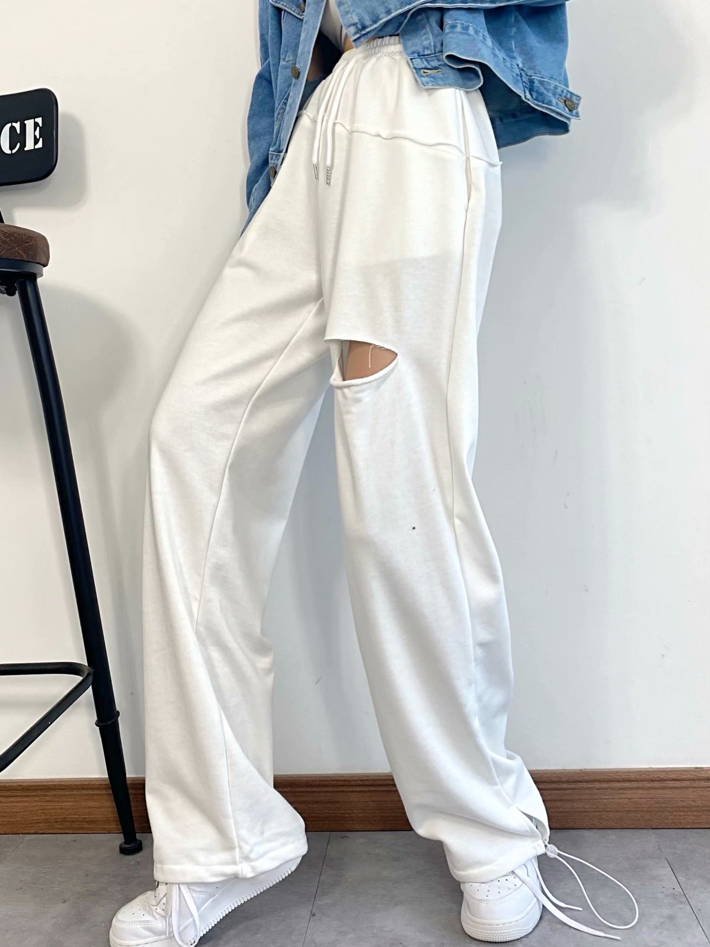 破洞运动裤女宽松显瘦薄款学生ins白色小个子休闲哈伦裤拖地裤潮