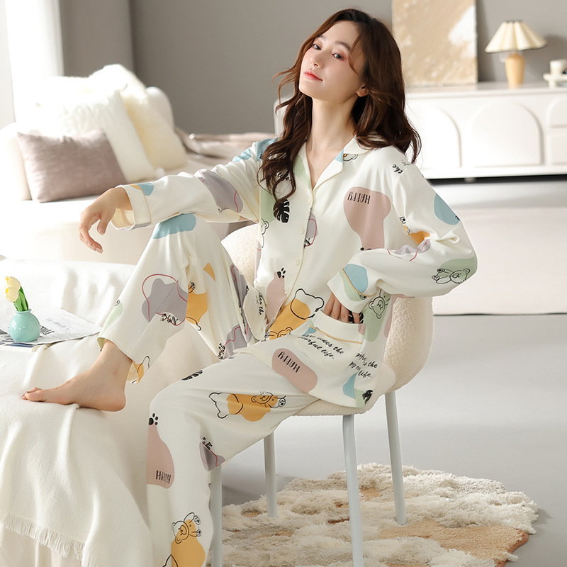 100% Cotton Pajamas Women's Spring and Autumn 40 Cotton Long Sleeve New Autumn and Winter Sweet for Outer Wear Home Wear Suit