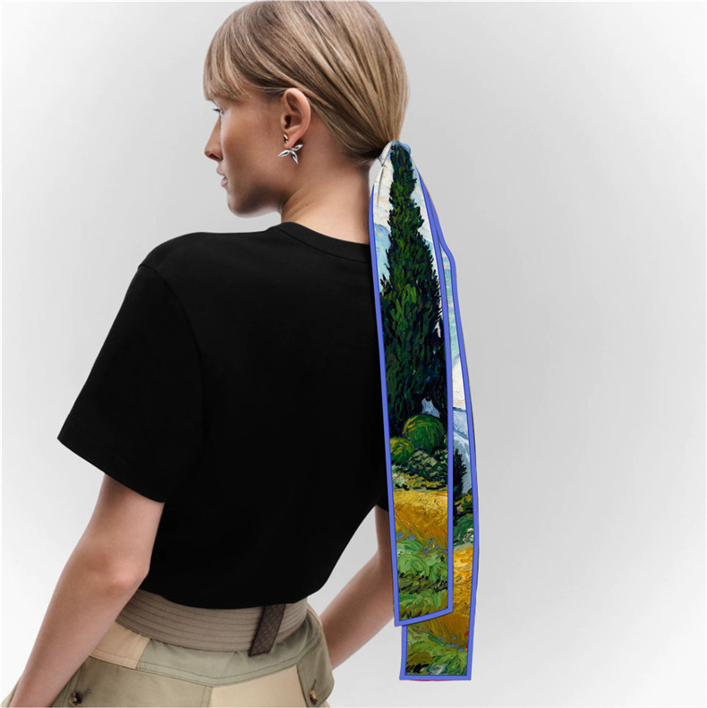 Spring and Autumn Retro Lightweight Oil Painting Graffiti Double-Layer Satin Long Ribbon Boxer Summer Silk Scarf Female Hair Binding Decoration