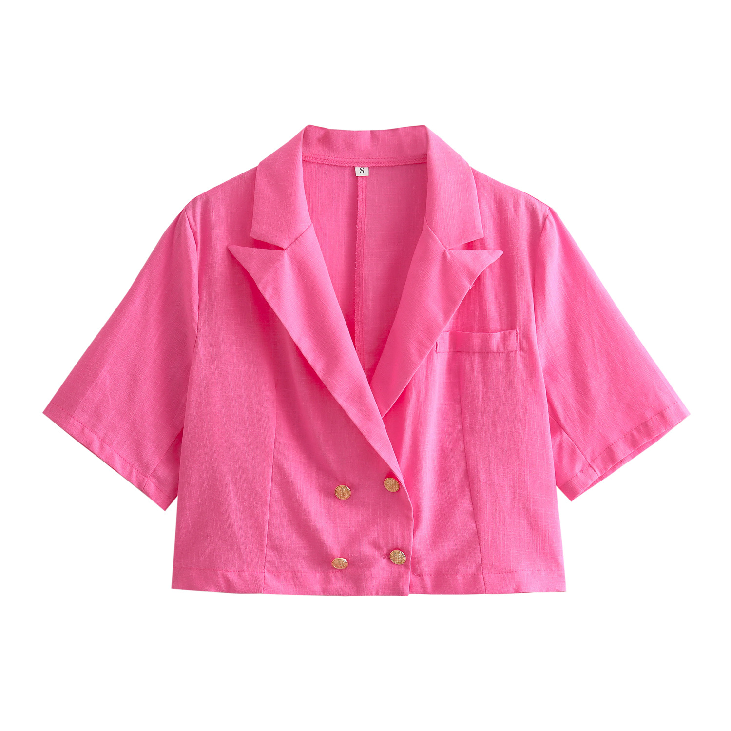 2024夏季女装西装领双排扣玫红色棉麻短袖衬衫上衣-阿里巴巴