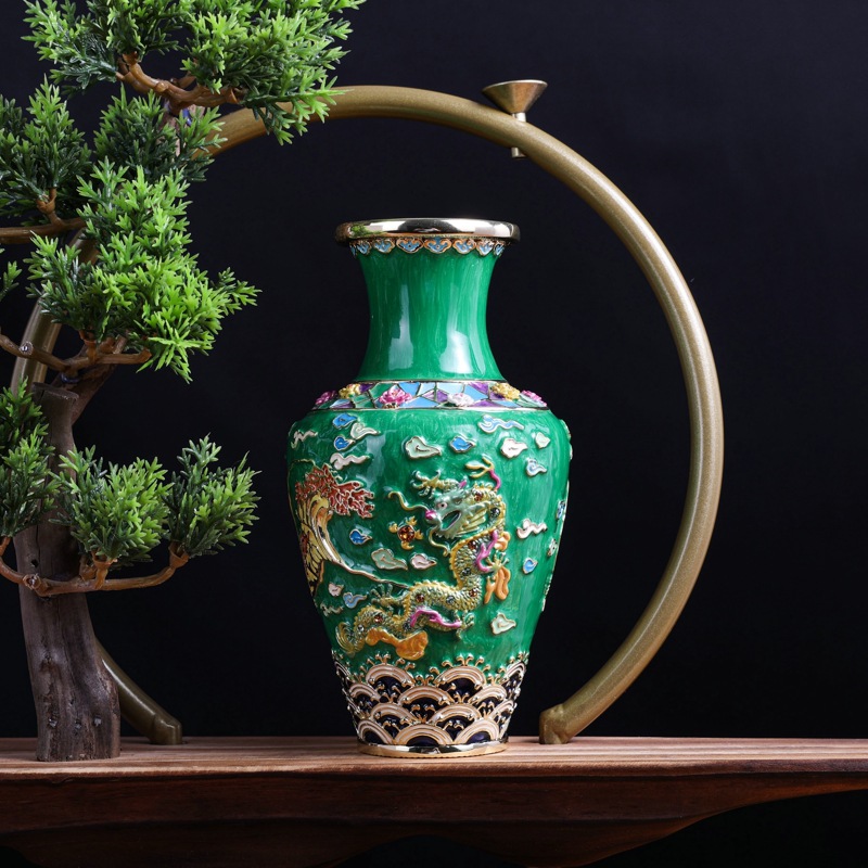 高档金属工艺品珐琅彩双龙花瓶装饰摆件创意家居饰品玄关摆件批发