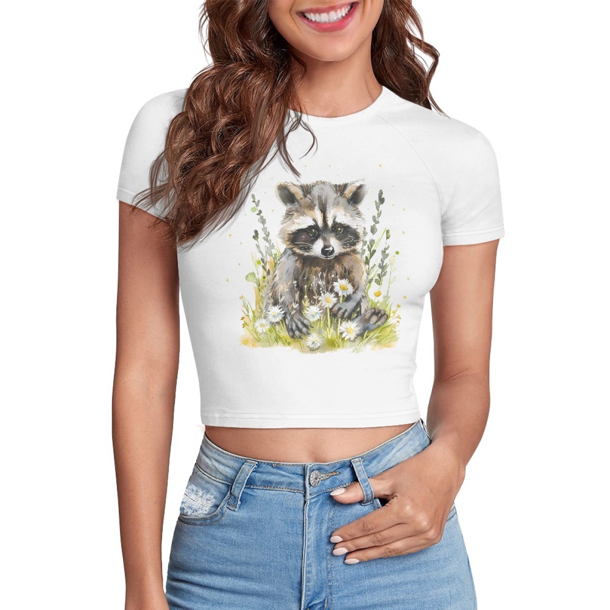 2024新款露脐紧身短款t恤可爱浣熊夏季短袖上衣辣妹显