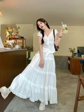 夏日复古度假风气质钩花衬衫白色半身裙长裙