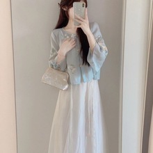 中式国风古装汉服茶艺女装高级唐装夏季上衣套装衬衫连衣裙两件套