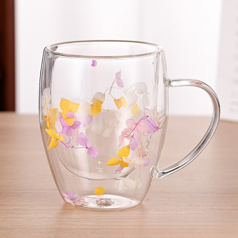 Dried Flower Double-Layer Cup Real Flower Cup Heat Insulation Double Wall Water Bottle Creative New Customer Good-looking Household Glass Internet Celebrity Cup