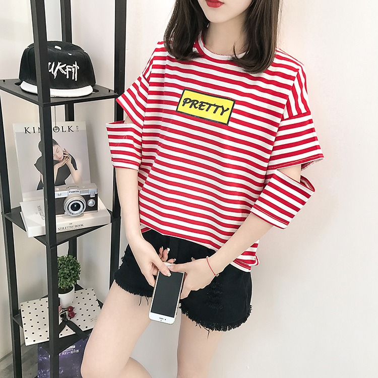 纯棉短袖t恤女装条纹宽松韩版女士打底小衫夏装2022新款上衣服潮