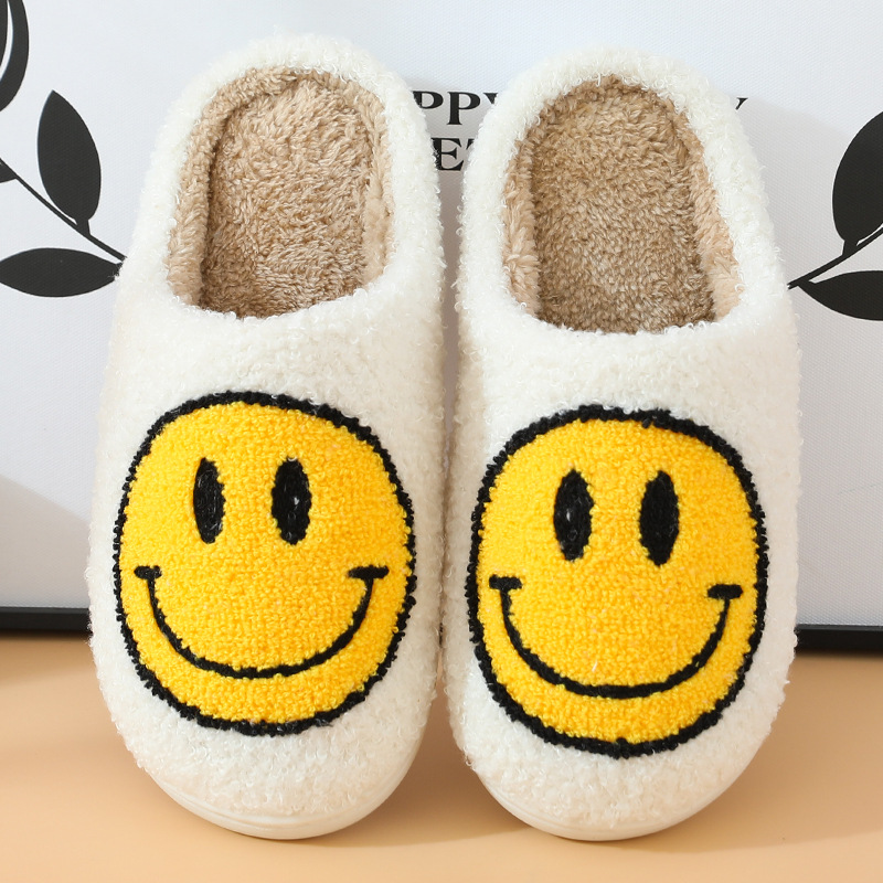 Smiley Face Korean Style Autumn and Winter Furry Couple Cotton Slippers Female Men's Household Cute Thick Bottom Cartoon Non-Slip Indoor