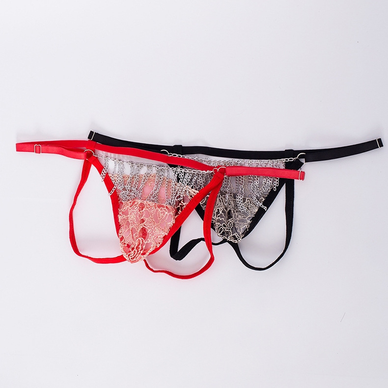 欧美跨境男士蕾丝丁字裤情趣内裤跨境外贸性感铁链内裤透明男t裤