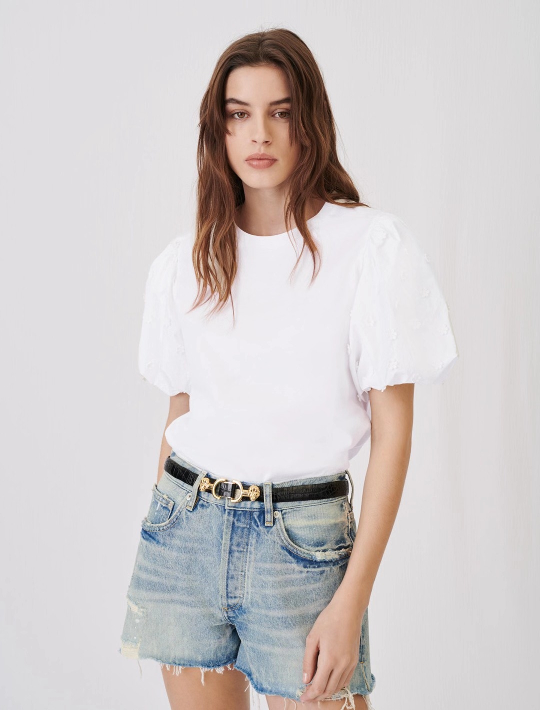 法式m家纯原正品21春夏简约百搭刺绣宫廷风泡泡袖短袖t恤上衣大牌