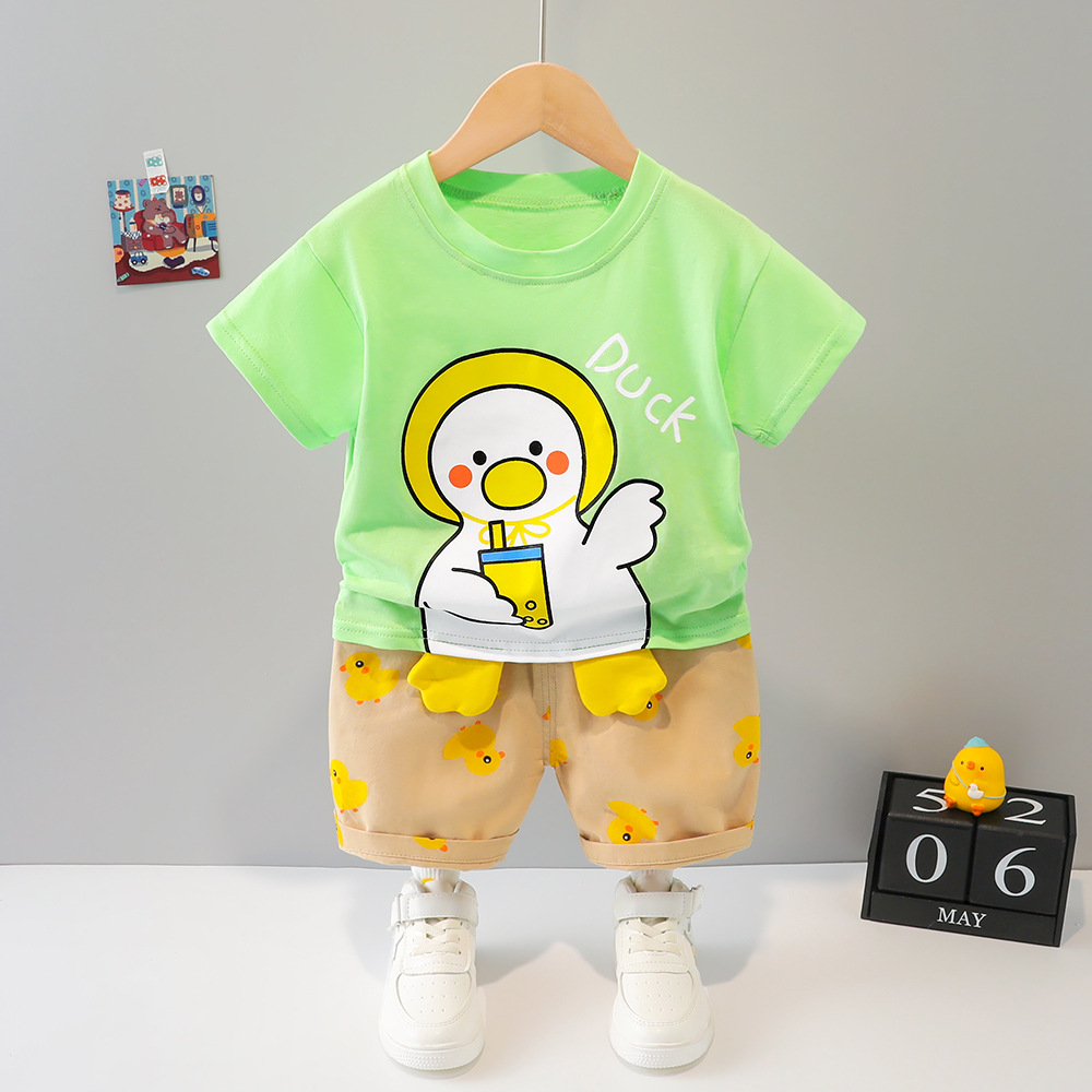 2022 Summer New Children Suit Boys Cartoon Music Duck round-Neck Shirt Short Sleeve Shorts Two-Piece Set