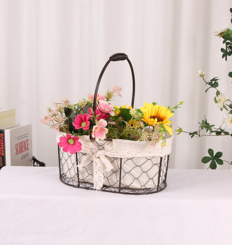 欧式铁艺花篮多肉干花鲜花花器收纳篮椭圆手提篮插花花篮手办礼花