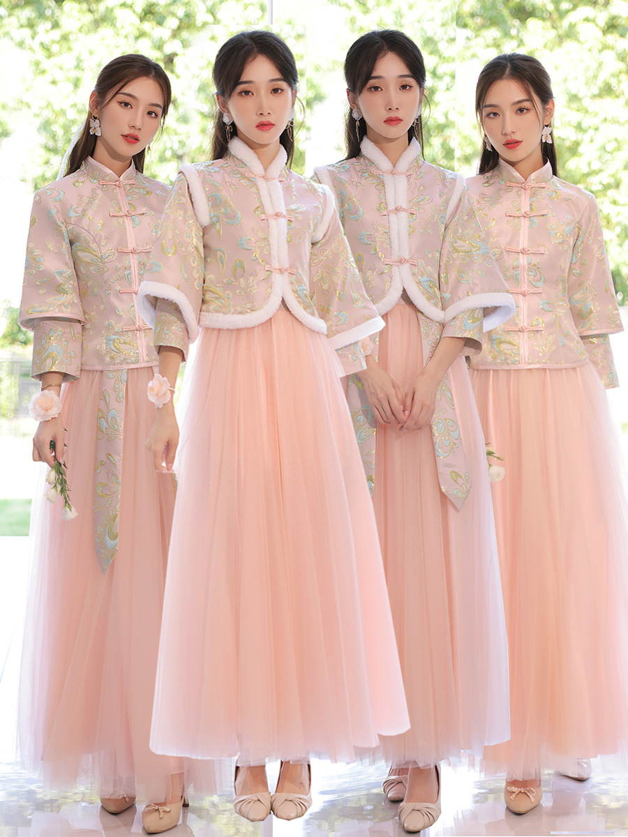 伴娘服中式2022新款春季中国风新娘姐妹裙伴娘团粉色秀禾晚礼服女