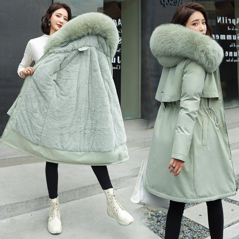 Winter New down Cotton Jacket Women's Mid-Length Korean Style Cinched plus Size Cotton Coat Jacket Thick Parka Cotton-Padded Coat Fleece-Lined