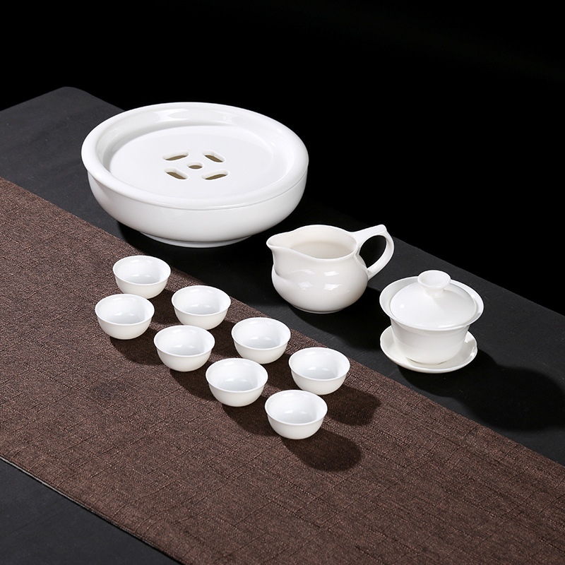 白瓷茶具套装 8寸茶盘11头玉瓷茶具办公室接待会议茶具茶具套装