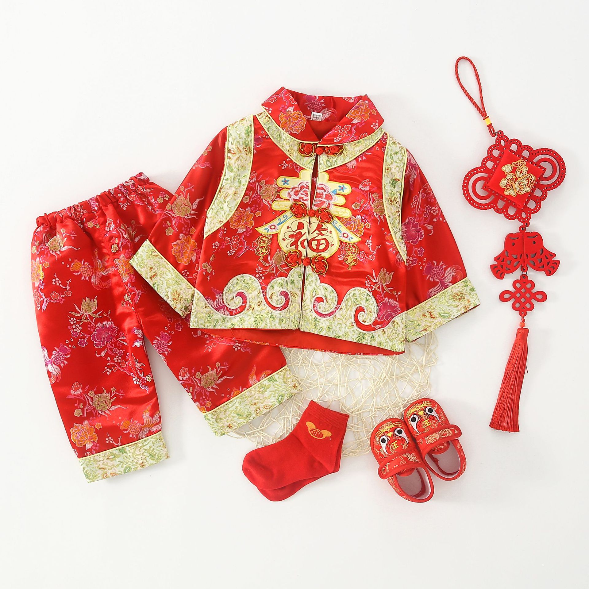 2021新款春长袖中国风喜庆红色唐装 儿童民族风套装服批发