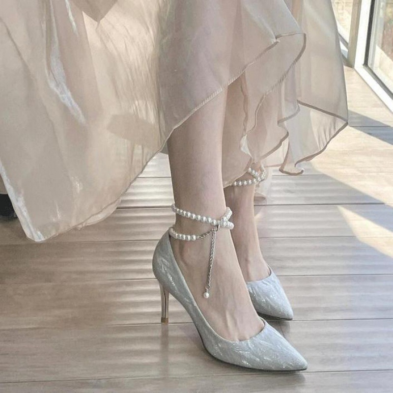 Silver High Heels French Style Crystal Shoes 2023 Spring and Autumn New Wedding Shoes with Beaded Pointed Women's Stiletto Heel Pumps