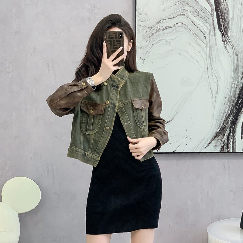 复古皮衣拼接牛仔外套女秋季2024新款立领短款机车夹克上衣