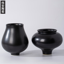新中式简约哑光黑陶瓷花瓶景德镇手工花器客厅玄关插花桌面装饰品