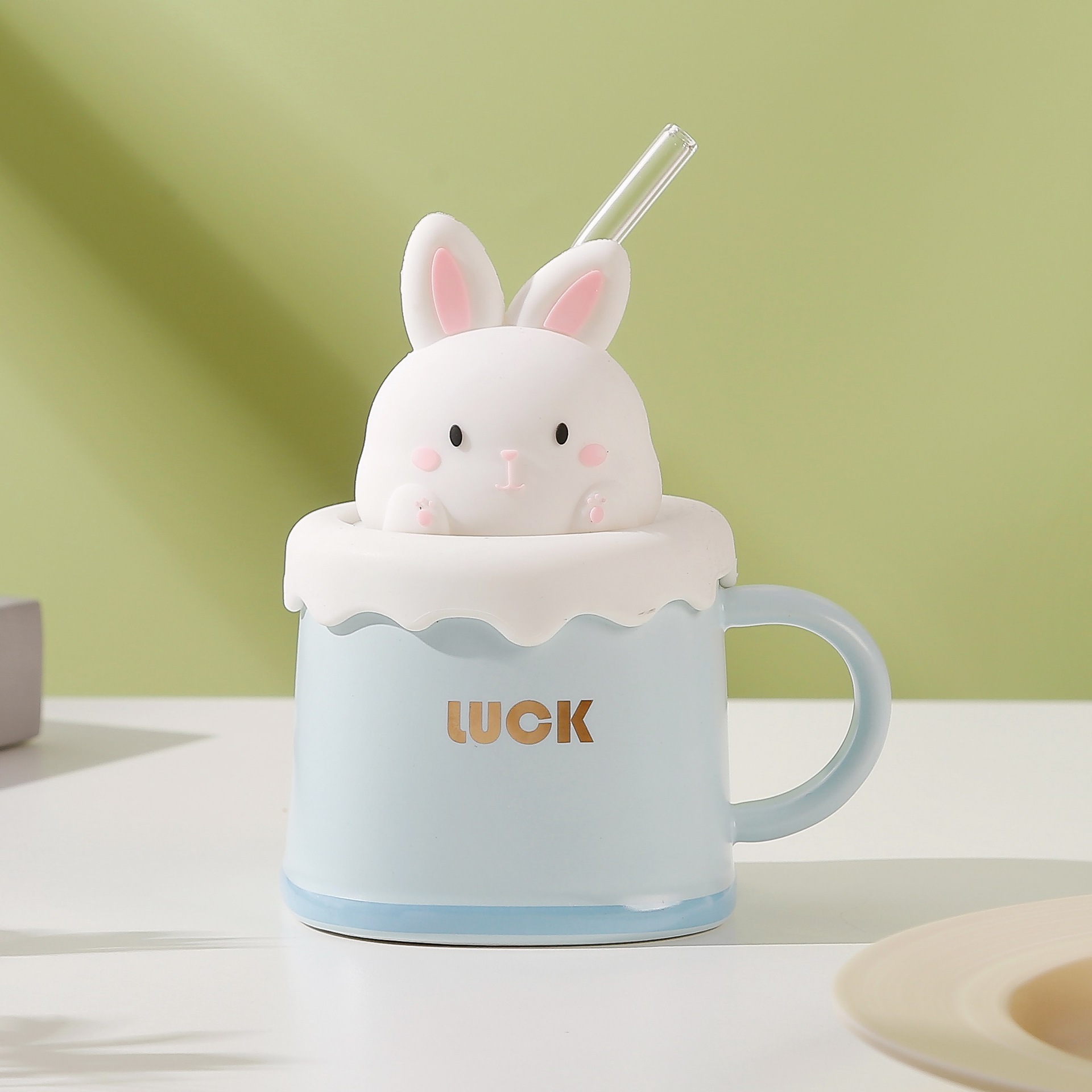 Cute Rabbit Mug with Straw Ceramic Water Cup Good-looking Gift Cup Female Ceramic Cup Wholesale with Lid