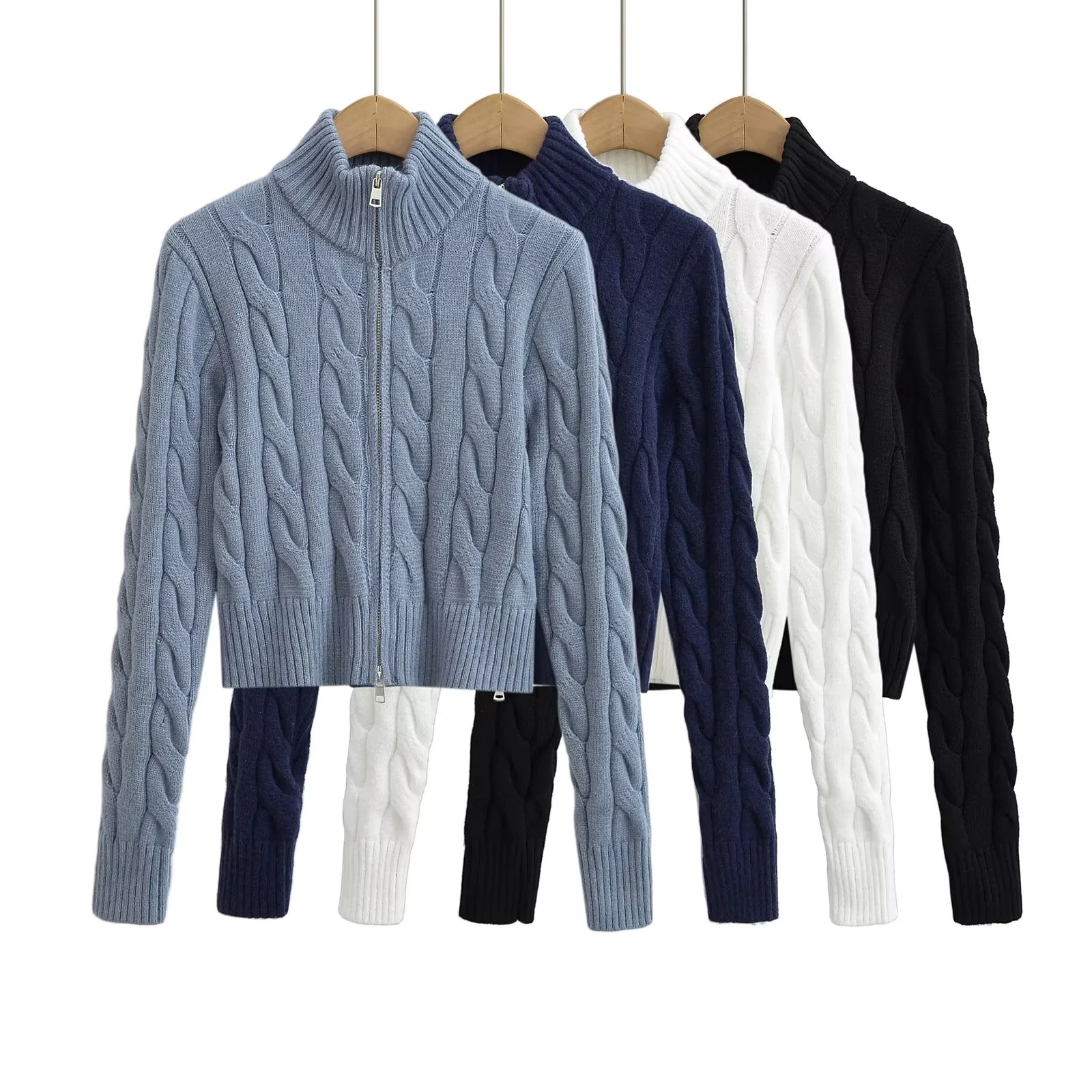 立领麻花编织针织衫秋冬季女装新款纯色开衫网红紧身拉链外套