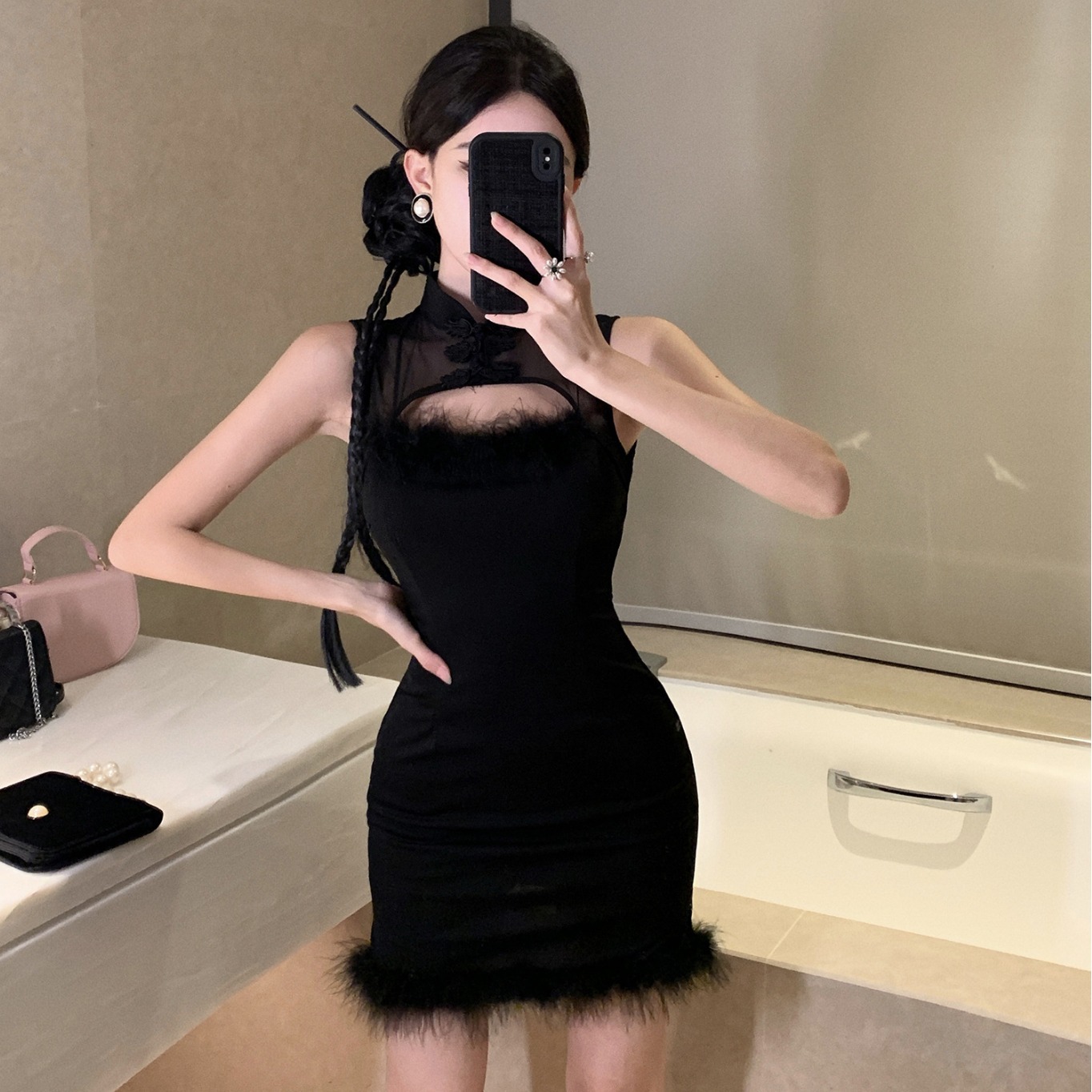 4487 轻熟风复古黑色新中式国风年轻短款网纱透视打底连衣裙旗袍