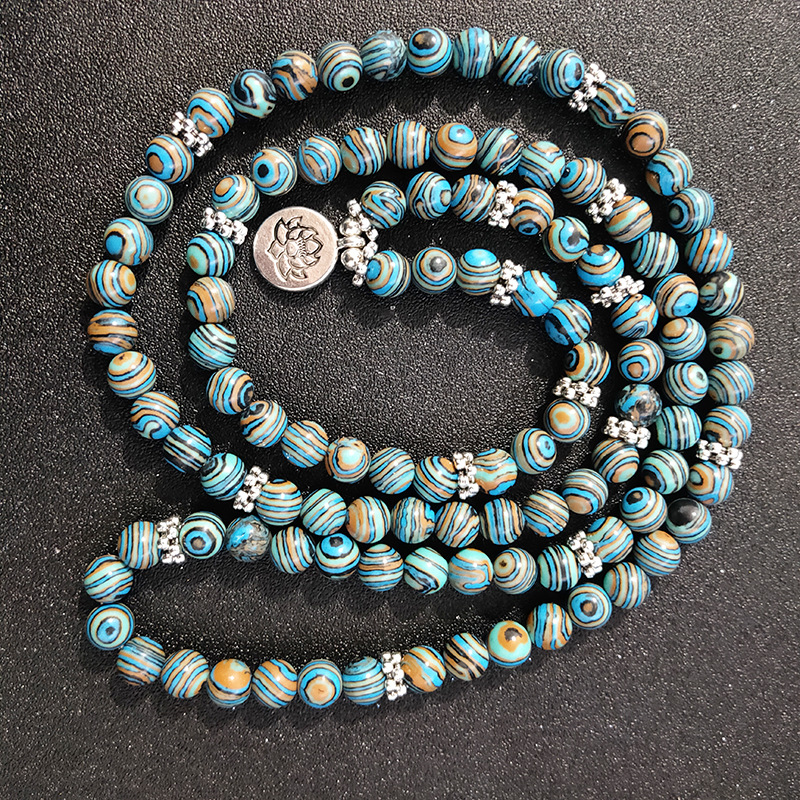 蓝孔雀石手链108颗8mm瑜伽手串彩色念珠莲花om亚马逊跨境饰品批发