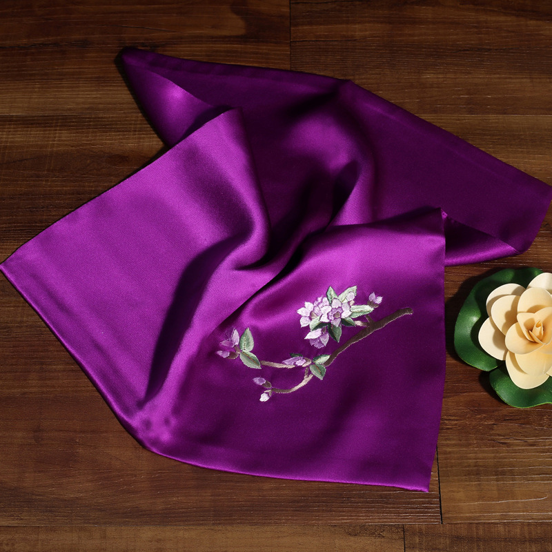 真丝苏绣手帕紫色刺绣双层手帕桑蚕丝缎面苏州丝绸绣花手巾礼盒装
