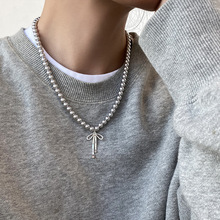高级清冷感灰珍珠蝴蝶结项链气质时尚甜美锁骨链设计感新款毛衣链