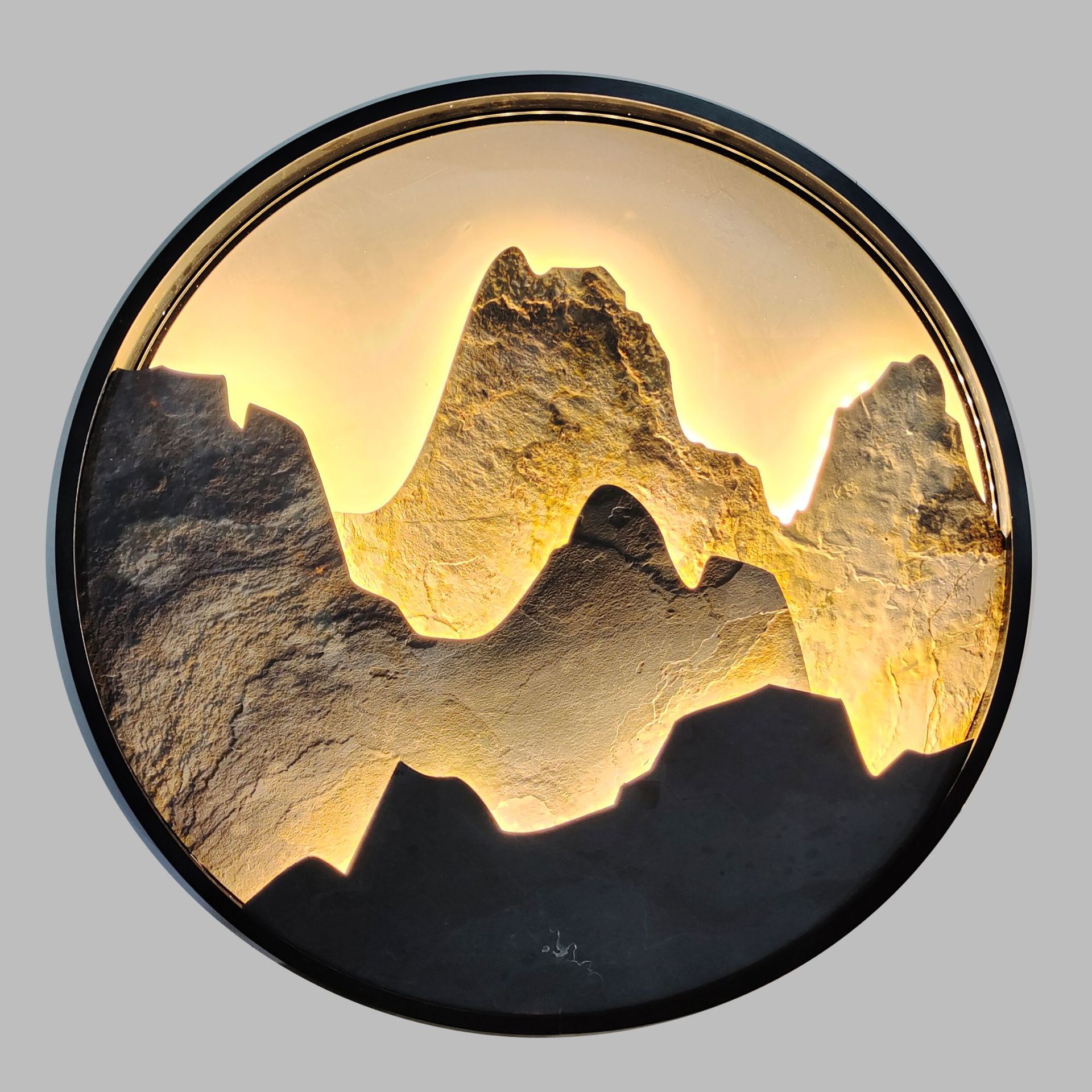 仁龙中式圆形装饰画客厅沙发背景墙现代简约带灯立体玄关岩板挂画