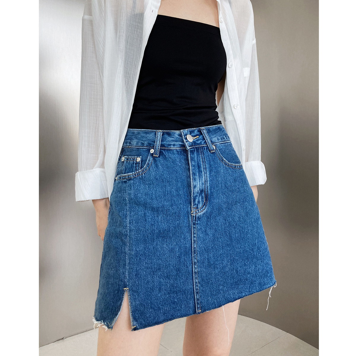 鹿西 小开叉牛仔短裙女夏薄款高腰防走光小个子a字包臀半身裙2261